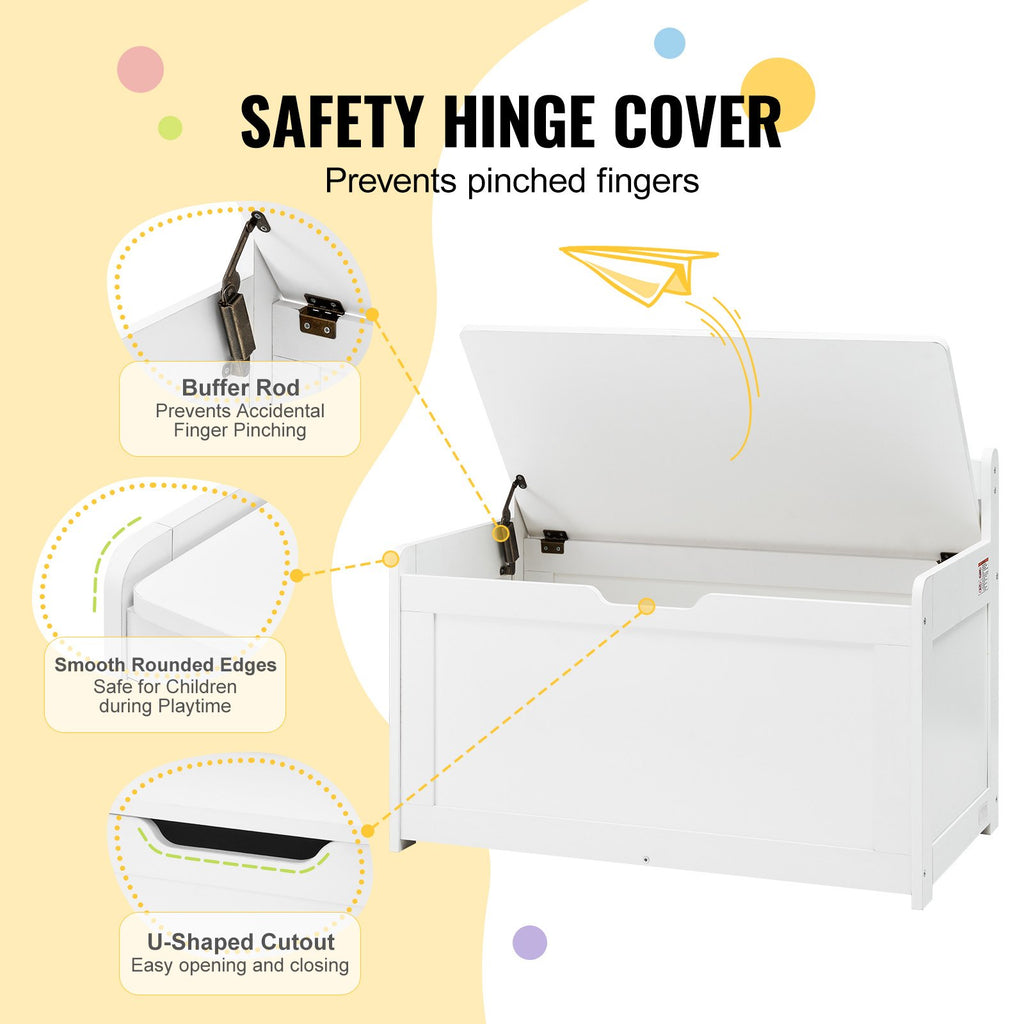 Wooden Toy Chest for Kids - Toddler Storage Box with Safety Hinge