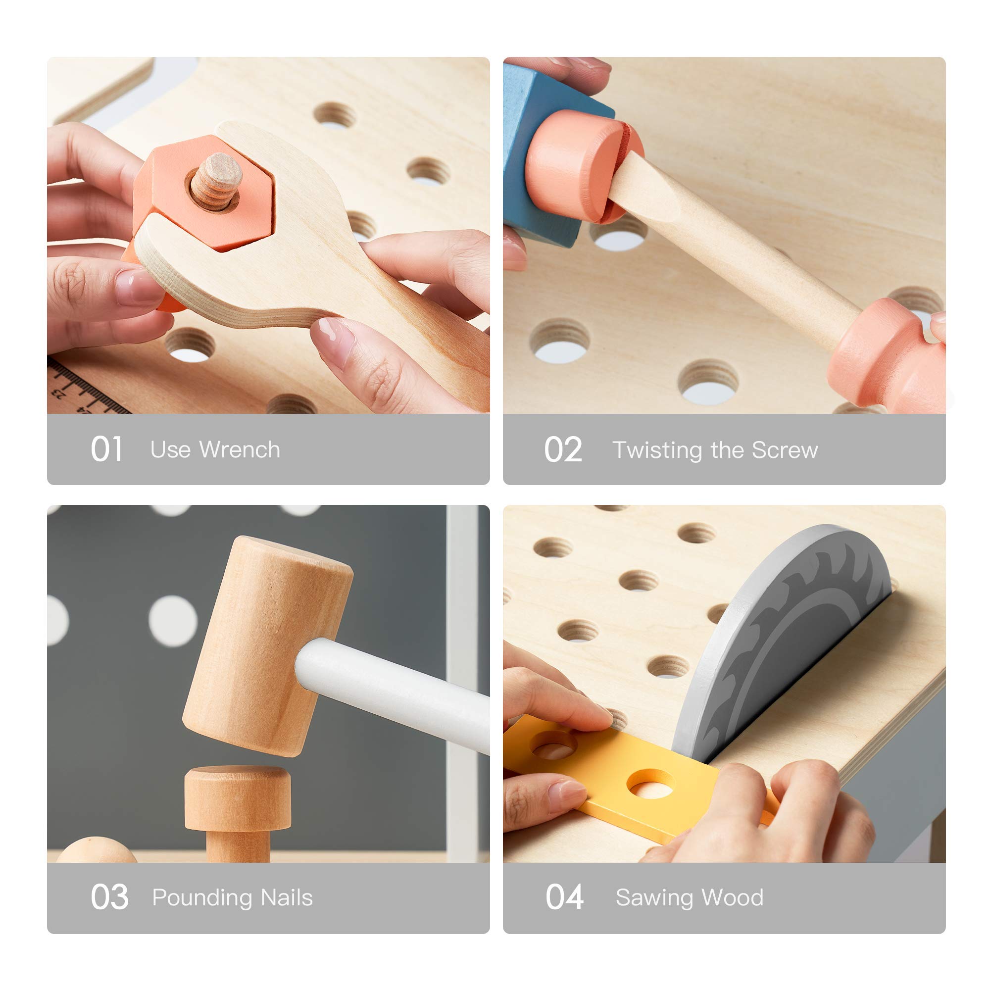 Kids Wooden Tool Bench - Pretend Play Workbench Workshop Set with Toy Tools