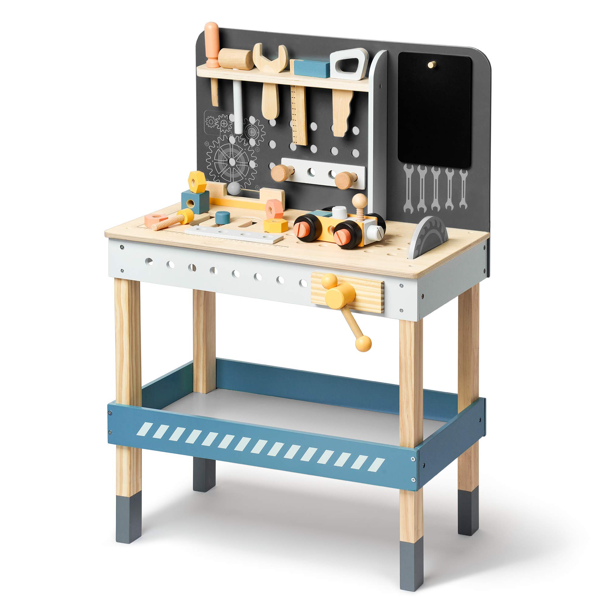 Kids Wooden Tool Bench - Pretend Play Workbench Workshop Set with Toy Tools