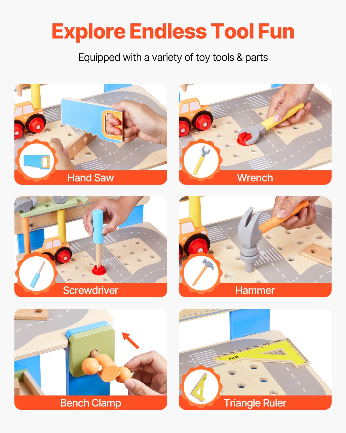 Wooden Tool Bench for Kids Ages 3+ - Toy Workbench Pretend Play Set