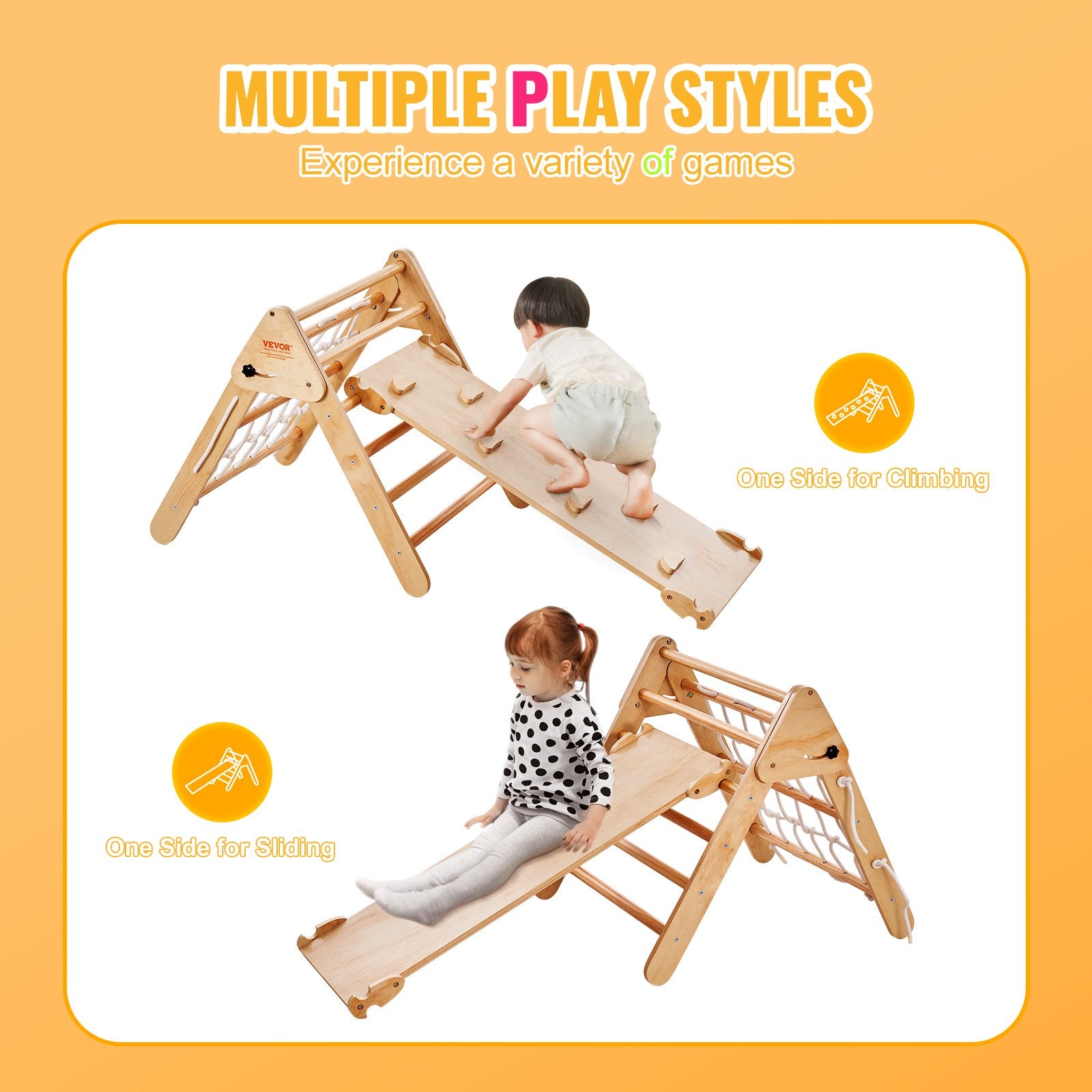 Pikler Triangle Set, 4 In 1 Toddler Climbing Toys Indoor Playground, Large Size Wooden Climbing Gym For Toddlers 1-3 Years, Montessori Climbing Set With Triangle And Ramp, Wood Color