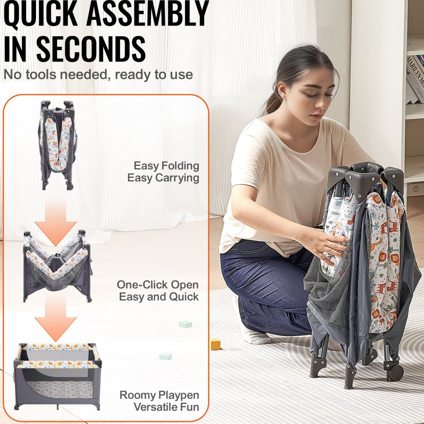 Baby Playpen - Quick-Folding Portable Fence with Wheels