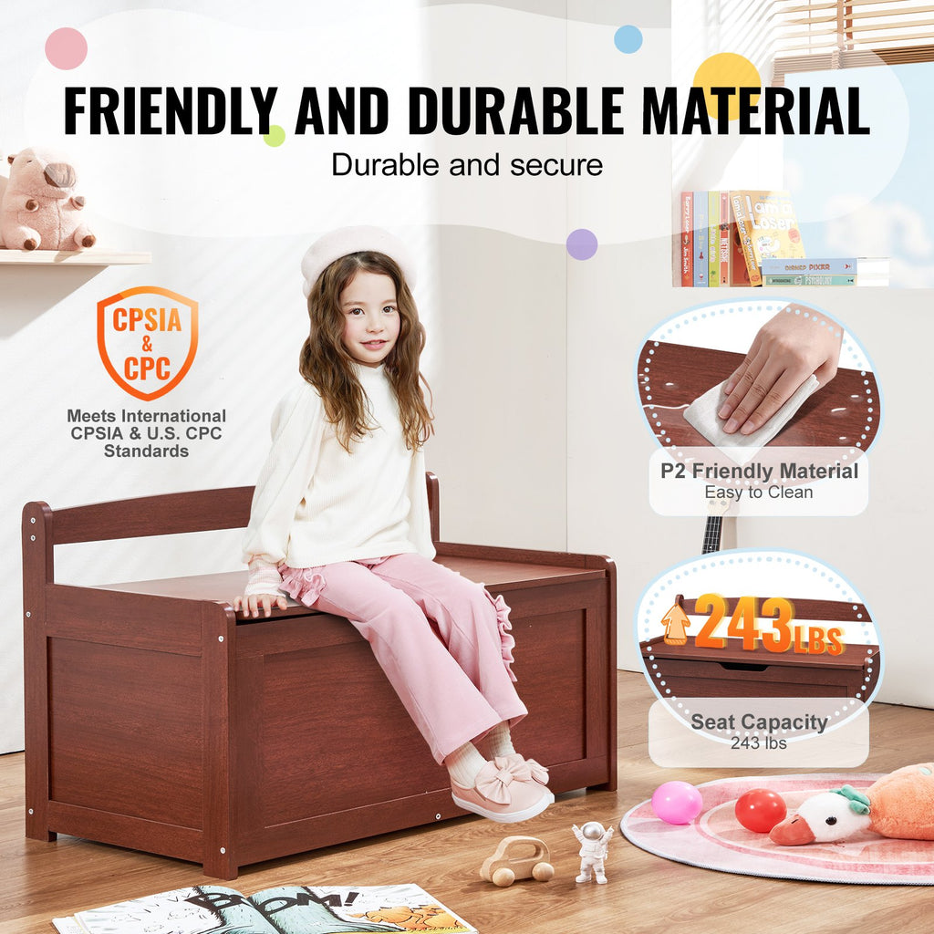 Kids Wooden Toy Chest - Large Storage Box with Safety Hinge for Bedroom