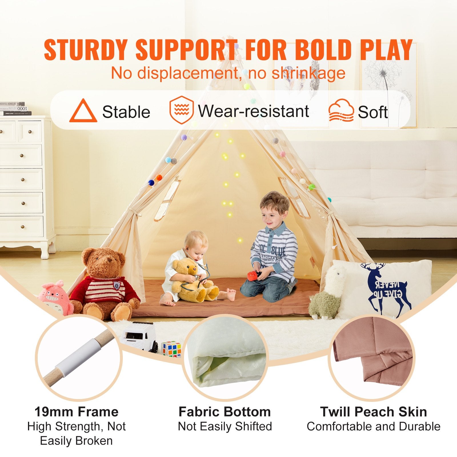 Kids Teepee Play Tent with Mat & Plush Balls - Indoor/Outdoor Tent for Ages 1-5