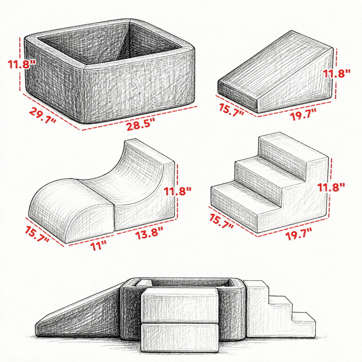 7-piece modular foam climbing blocks with corduroy covers — detail close-up