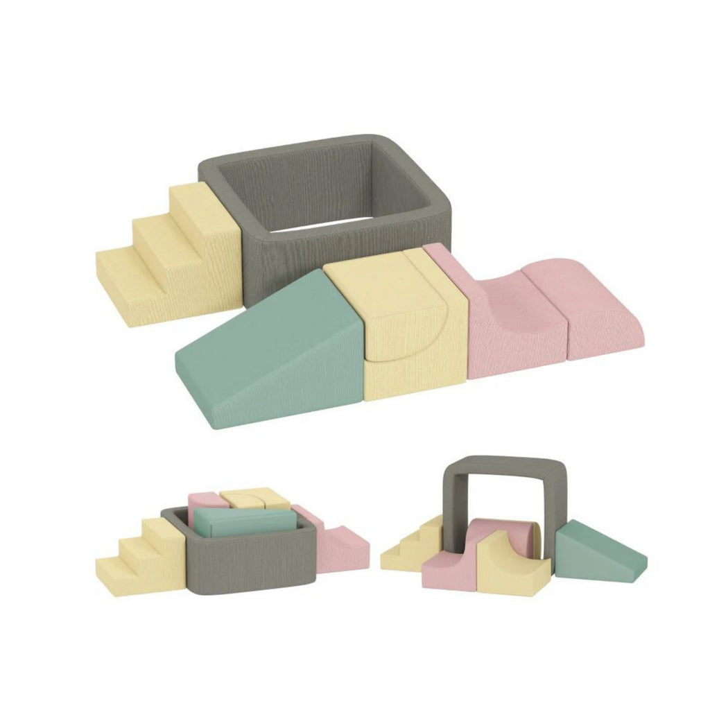 7-piece modular foam climbing blocks with corduroy covers — shown in use