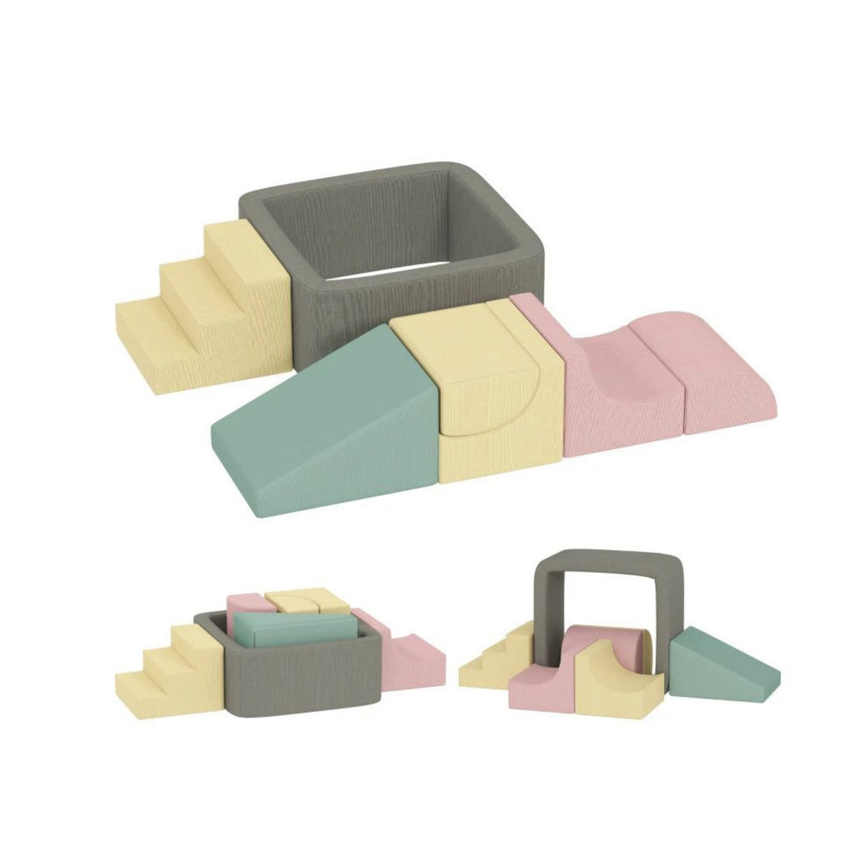 7-piece modular foam climbing blocks with corduroy covers — shown in use
