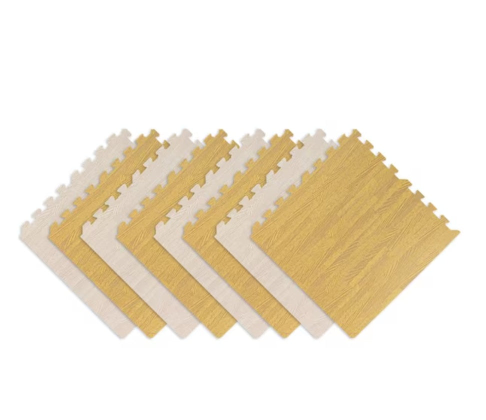 Interlocking foam puzzle play mat, 8-pack wood grain — full set view