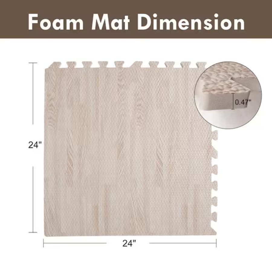 Interlocking foam puzzle play mat, 8-pack wood grain — detail close-up