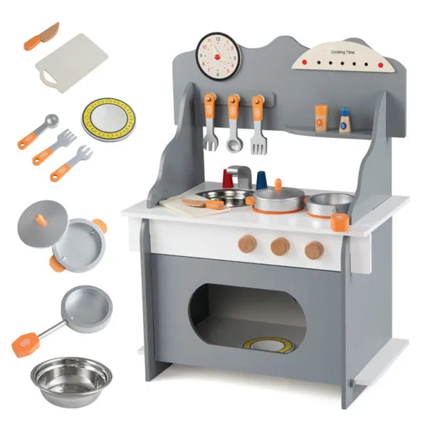 Gray wooden toddler play kitchen with sink and accessories