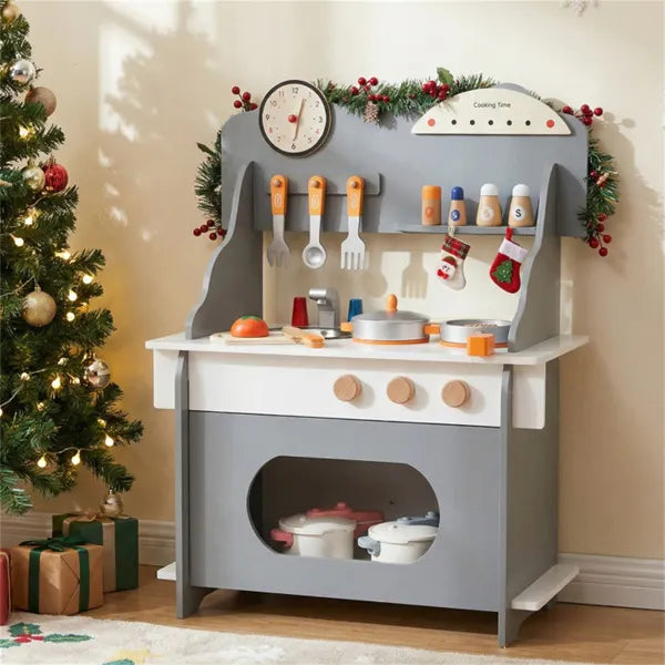 Gray wooden toddler play kitchen with sink and accessories — alternate angle view