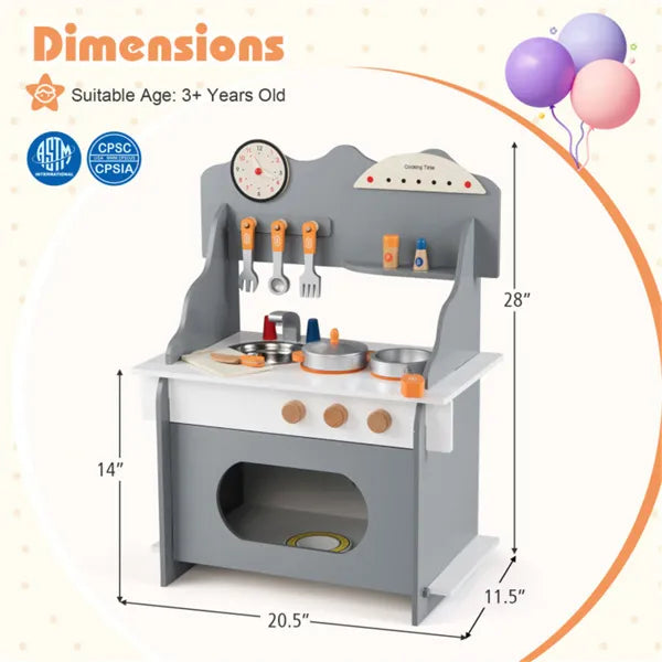 Gray wooden toddler play kitchen with sink and accessories — detail close-up