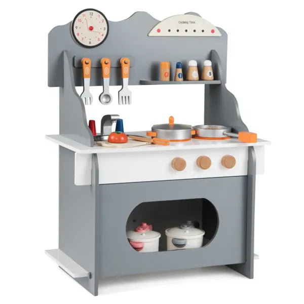 Gray wooden toddler play kitchen with sink and accessories — side view