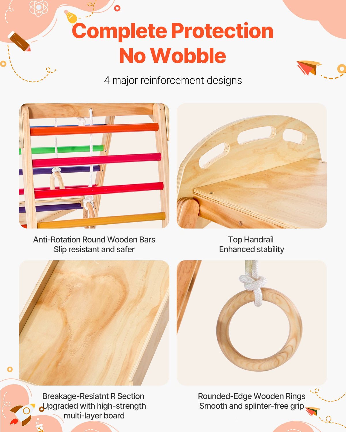 4-in-1 indoor wooden jungle gym climbing frame for kids — alternate angle view