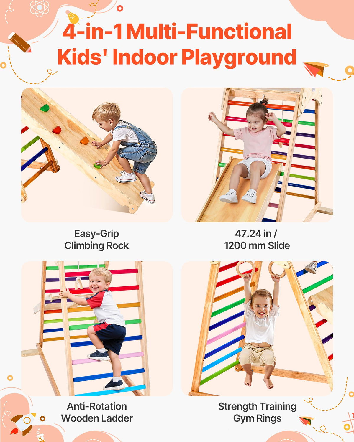 4-in-1 indoor wooden jungle gym climbing frame for kids — shown in use