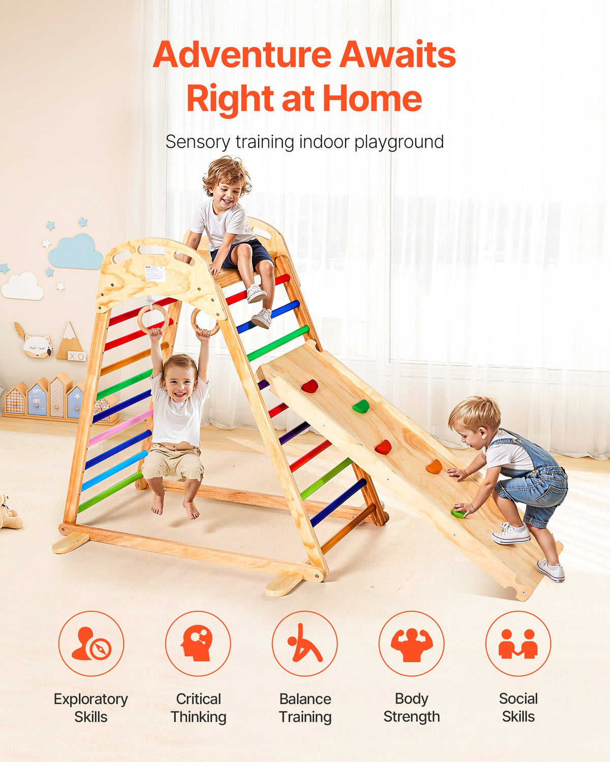 4-in-1 indoor wooden jungle gym climbing frame for kids — side view