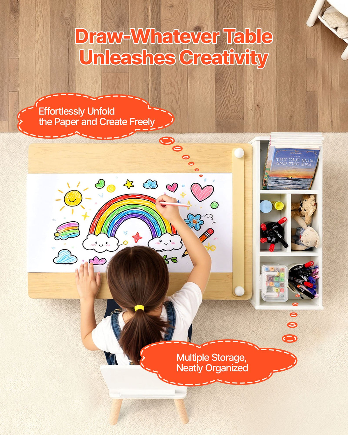 Kids art table and chair set with storage shelves — alternate angle view