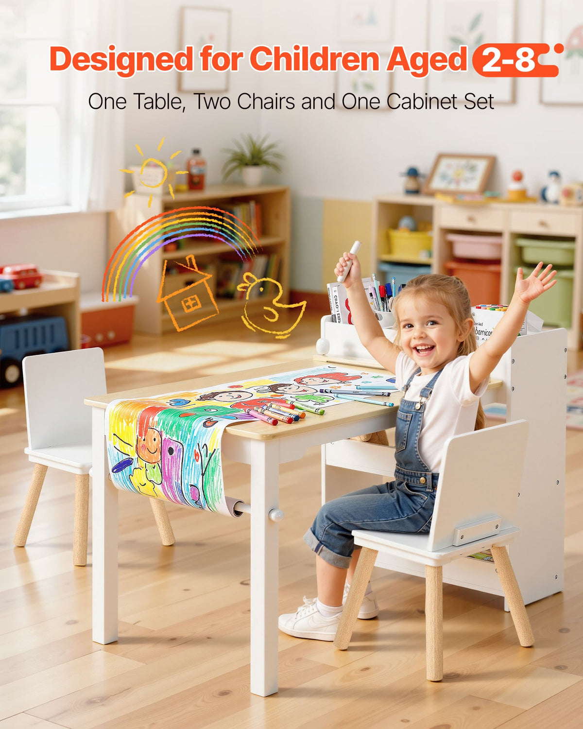 Kids art table and chair set with storage shelves — detail close-up