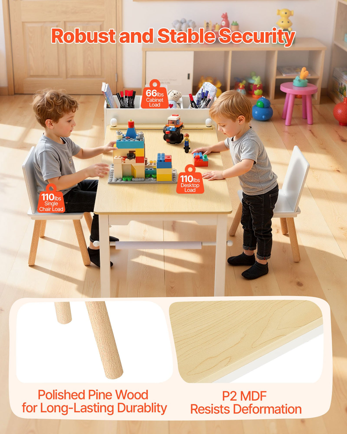 Kids art table and chair set with storage shelves — shown in use