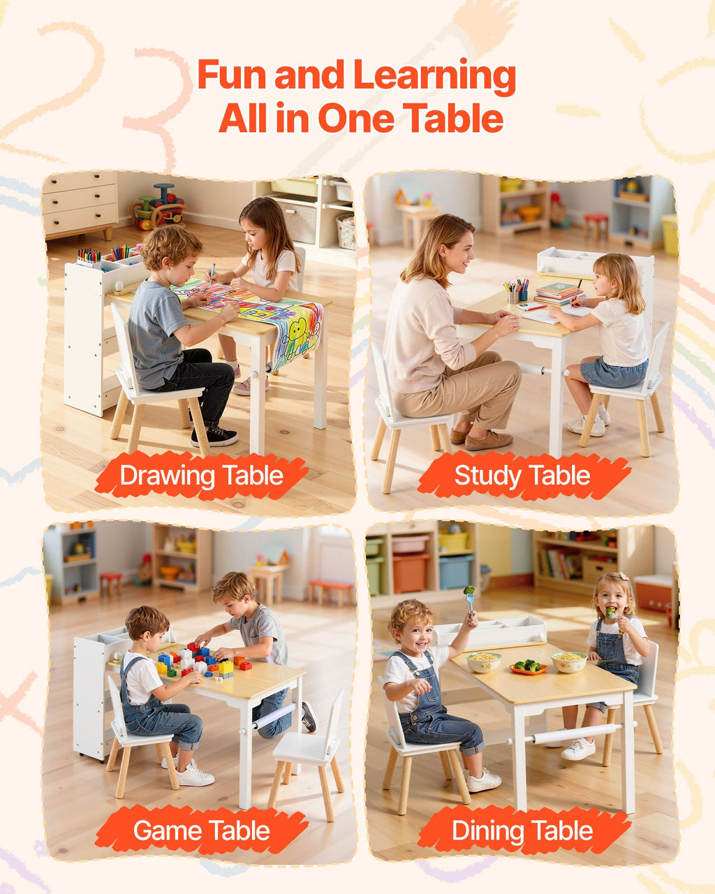 Kids art table and chair set with storage shelves — side view
