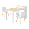 Kids art table and chair set with storage shelves — features and dimensions view