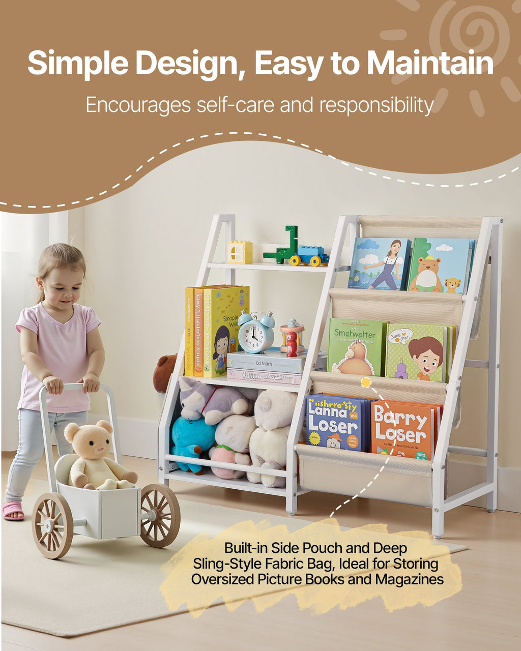 3-tier kids bookshelf and toy storage organizer — detail close-up