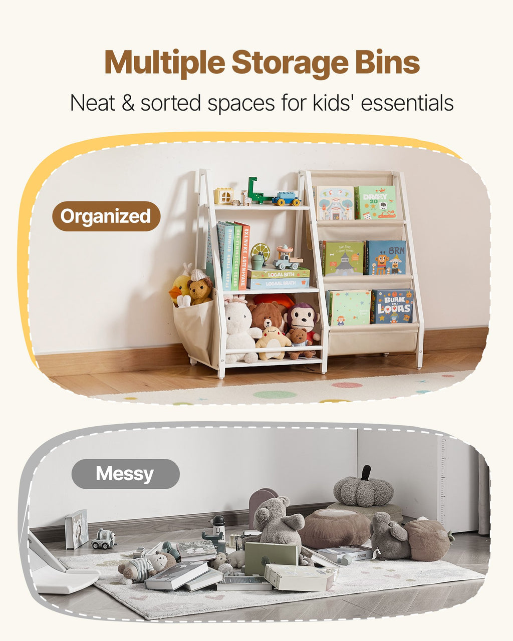3-tier kids bookshelf and toy storage organizer — side view