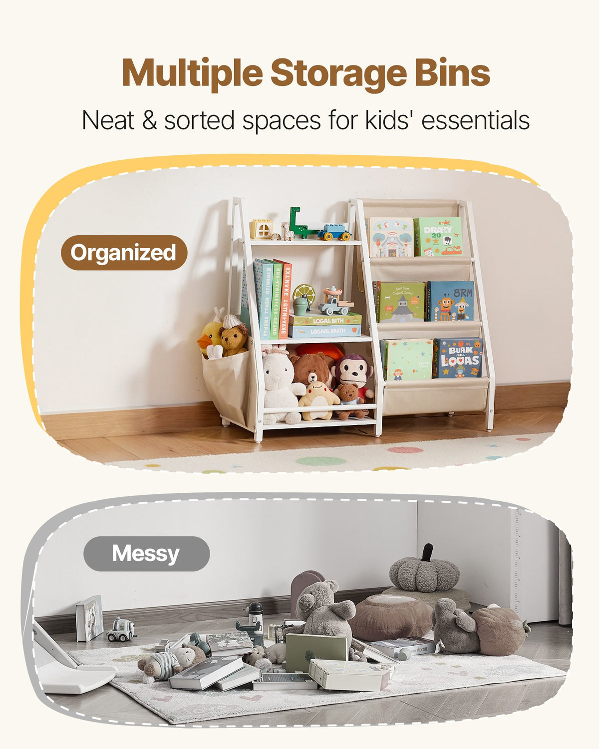3-tier kids bookshelf and toy storage organizer — side view