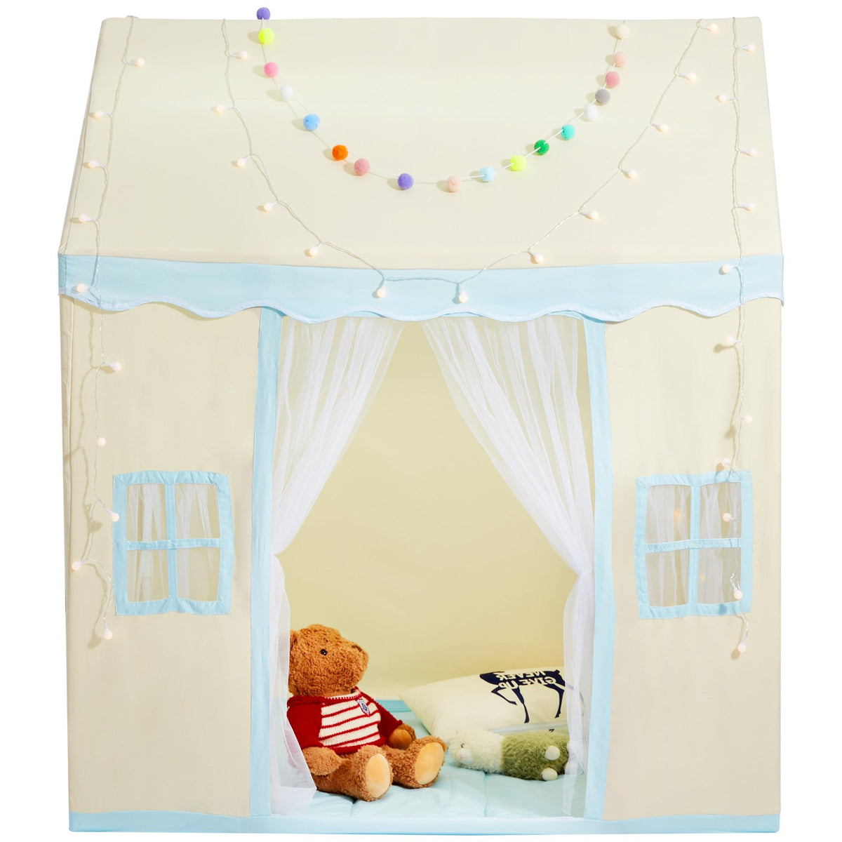 Kids play tent and teepee with mat and lamp — detail close-up