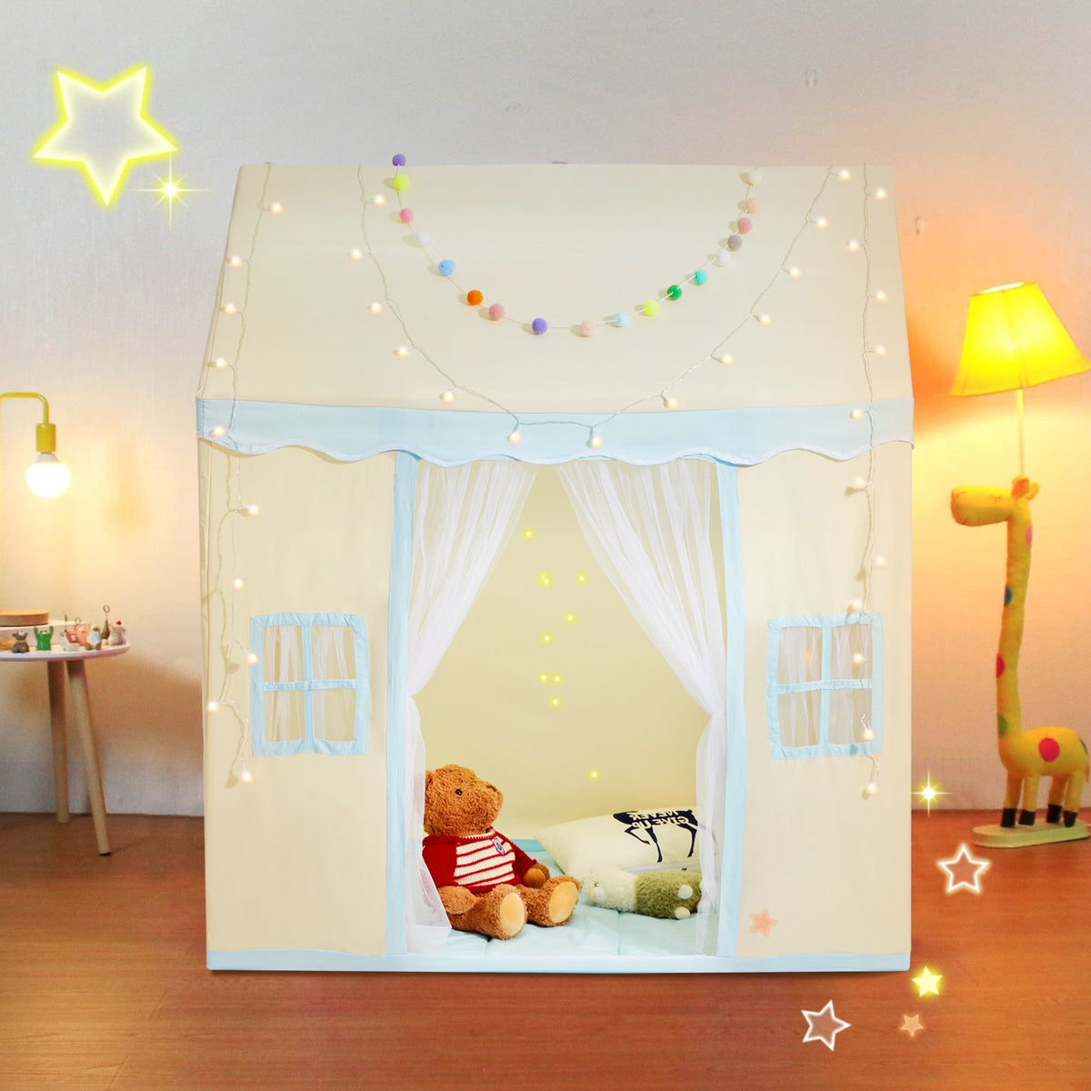 Kids play tent and teepee with mat and lamp — side view