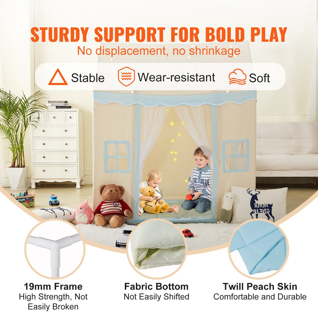 Kids play tent and teepee with mat and lamp — features and dimensions view