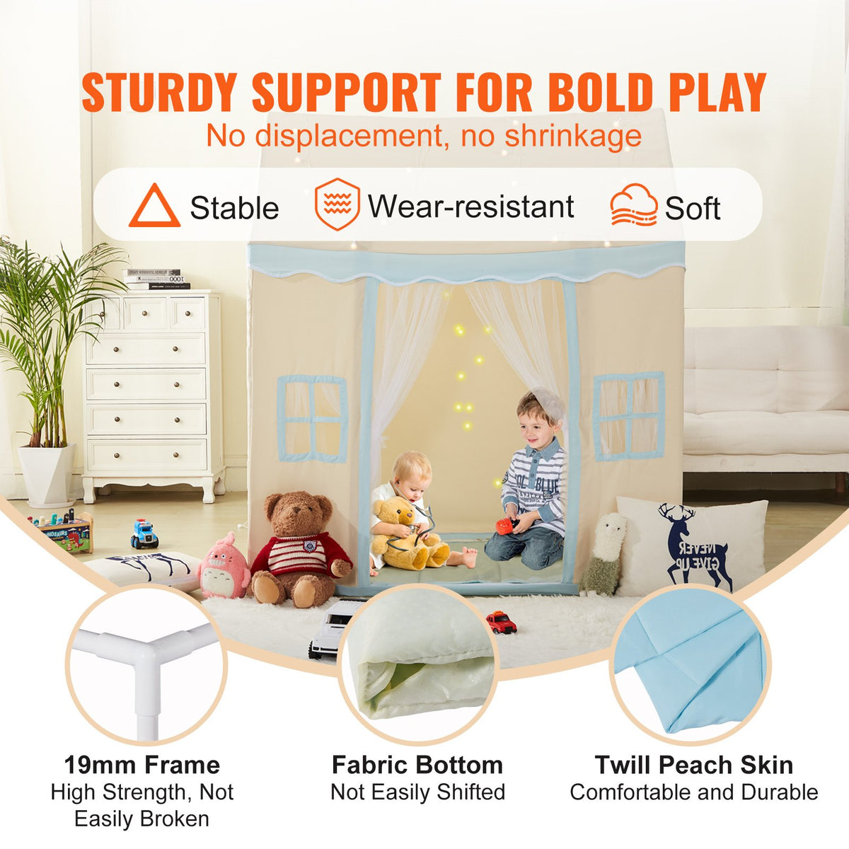 Kids play tent and teepee with mat and lamp — features and dimensions view