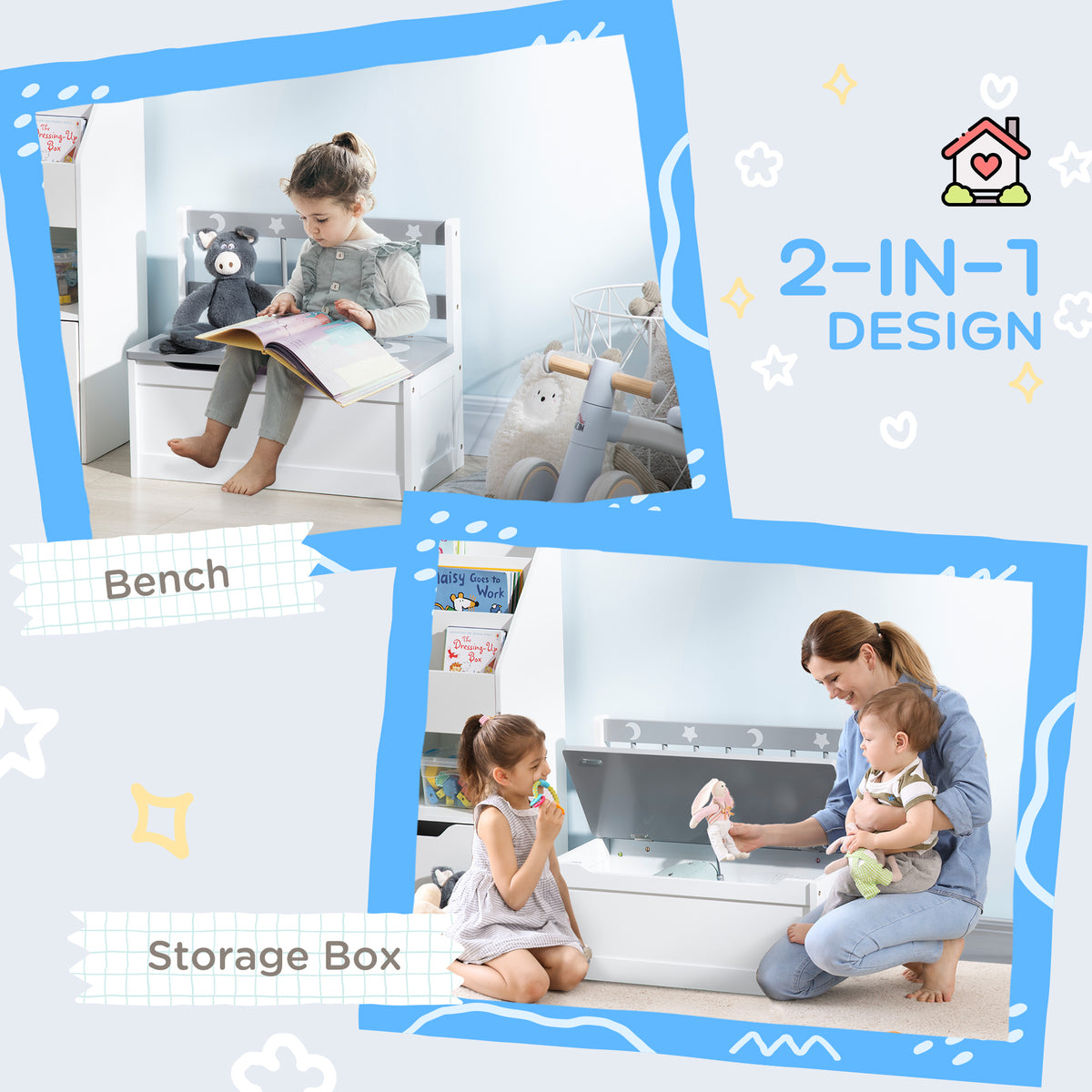 Kids storage bench with built-in toy box — shown in use