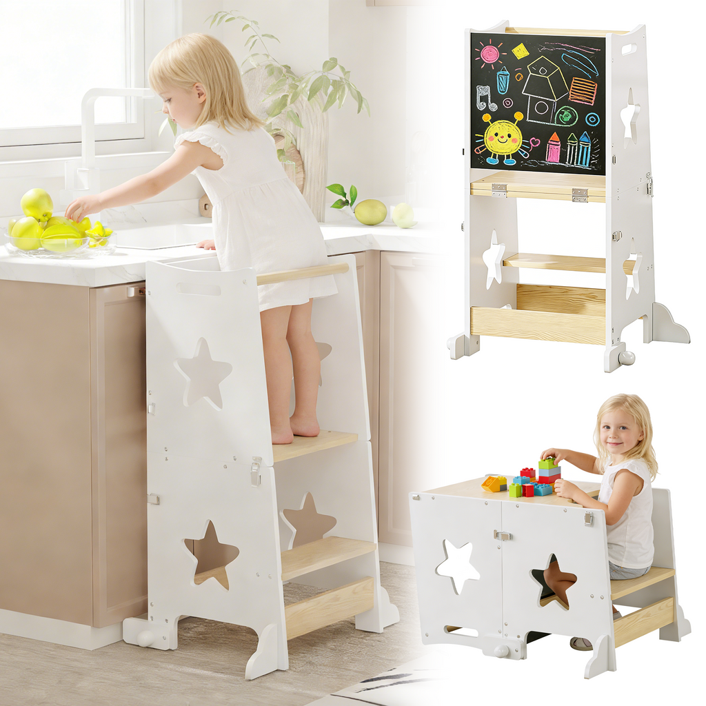 3-in-1 foldable toddler learning tower with blackboard