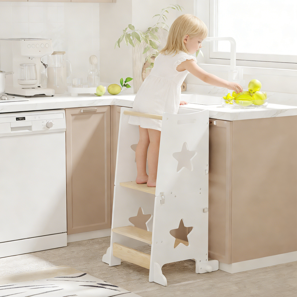 3-in-1 foldable toddler learning tower with blackboard — detail close-up