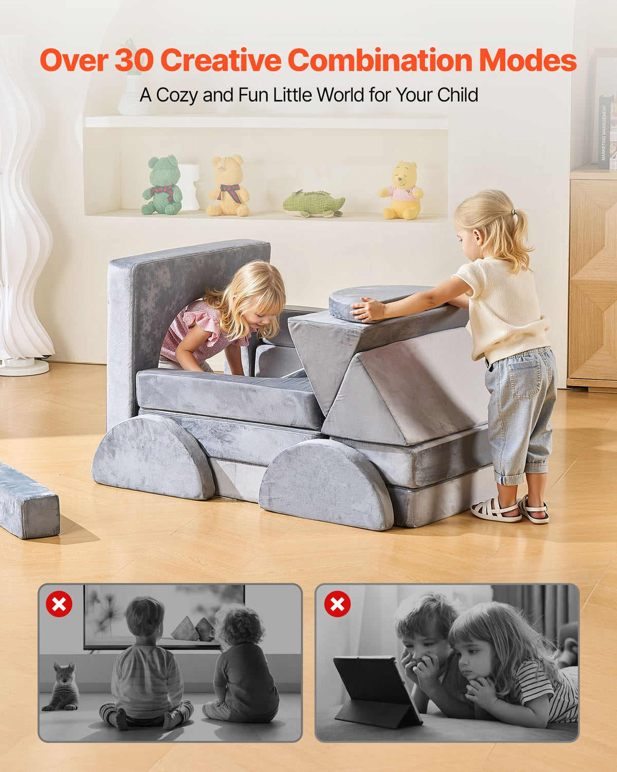 Modular kids play couch, sectional toddler sofa — alternate angle view