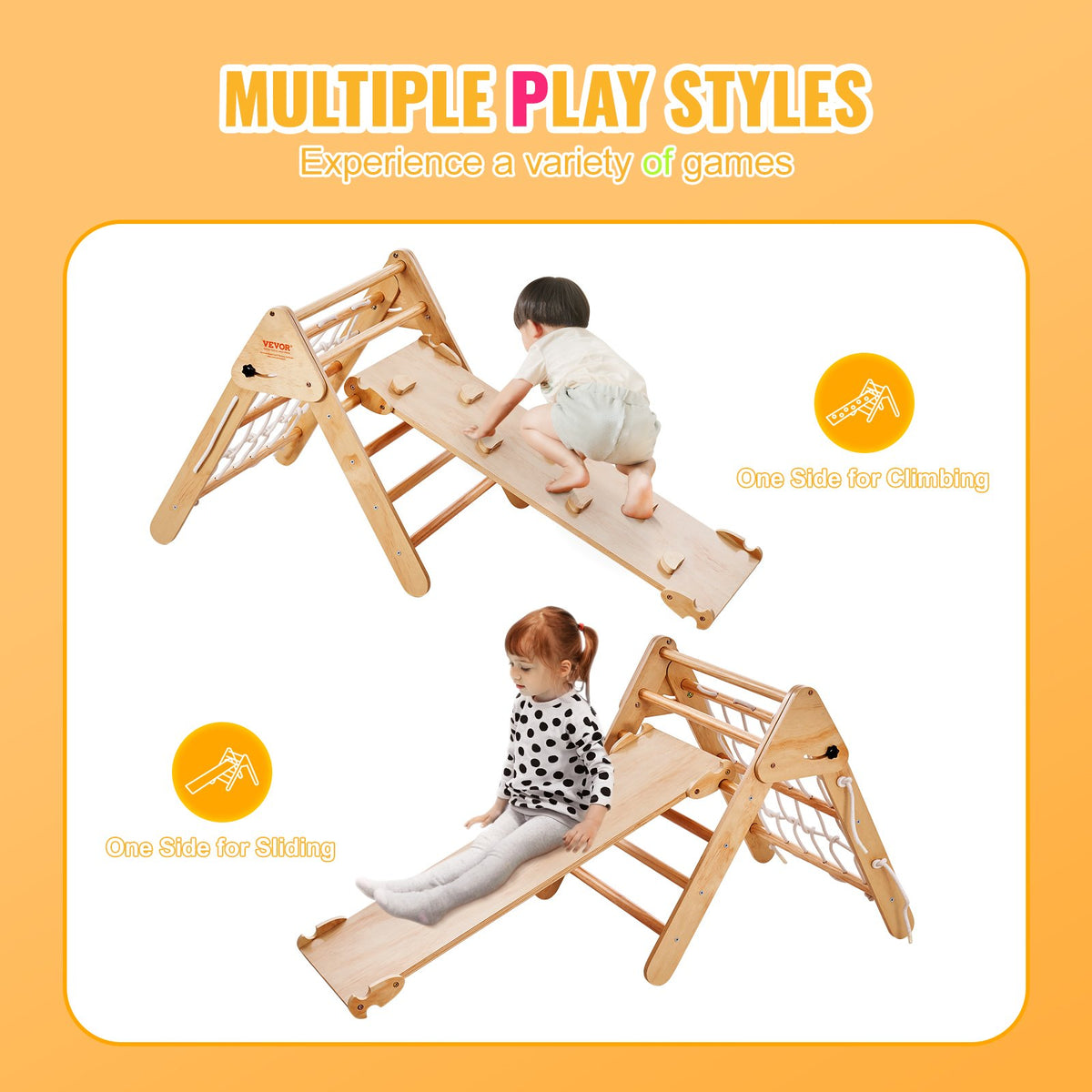 Pikler triangle climbing set, 4-in-1, wood color — side view