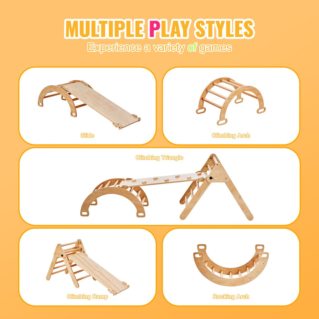 Pikler triangle climbing set, 5-in-1 with ramp and arch — side view