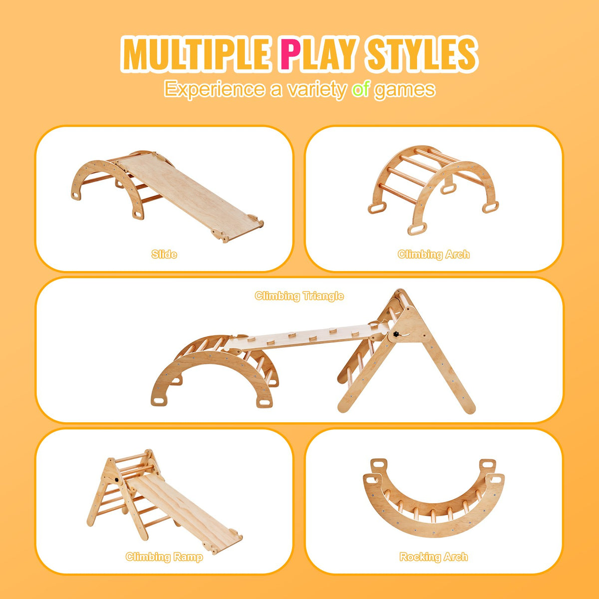 Pikler triangle climbing set, 5-in-1 with ramp and arch — side view