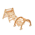 Pikler triangle climbing set, 5-in-1 with ramp and arch — features and dimensions view