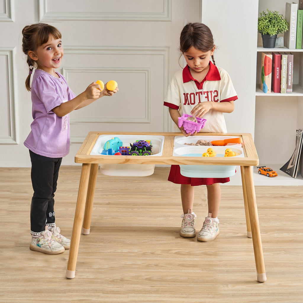 Sensory activity table for toddlers with foldable storage bins — alternate angle view
