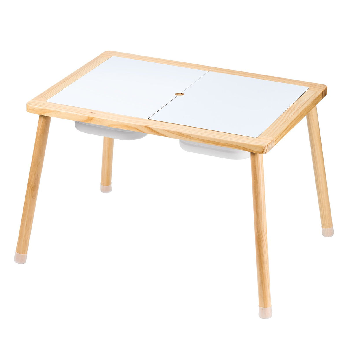 Sensory activity table for toddlers with foldable storage bins — detail close-up