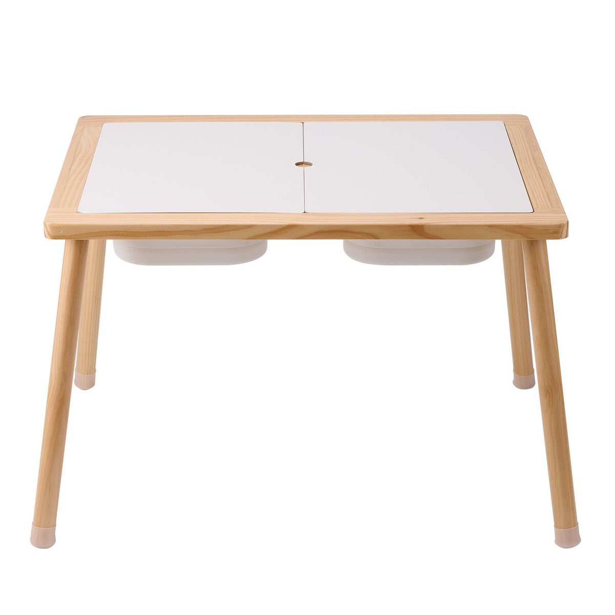 Sensory activity table for toddlers with foldable storage bins — features and dimensions view