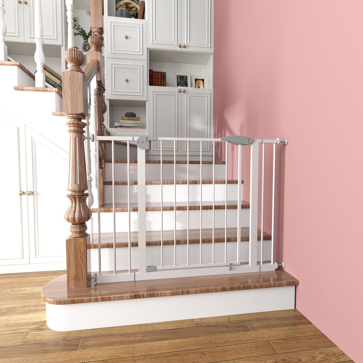 Pressure-mounted walk-through baby gate, white