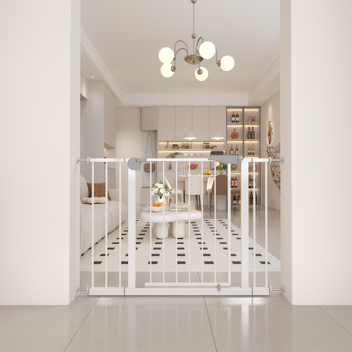 Pressure-mounted walk-through baby gate, white — alternate angle view