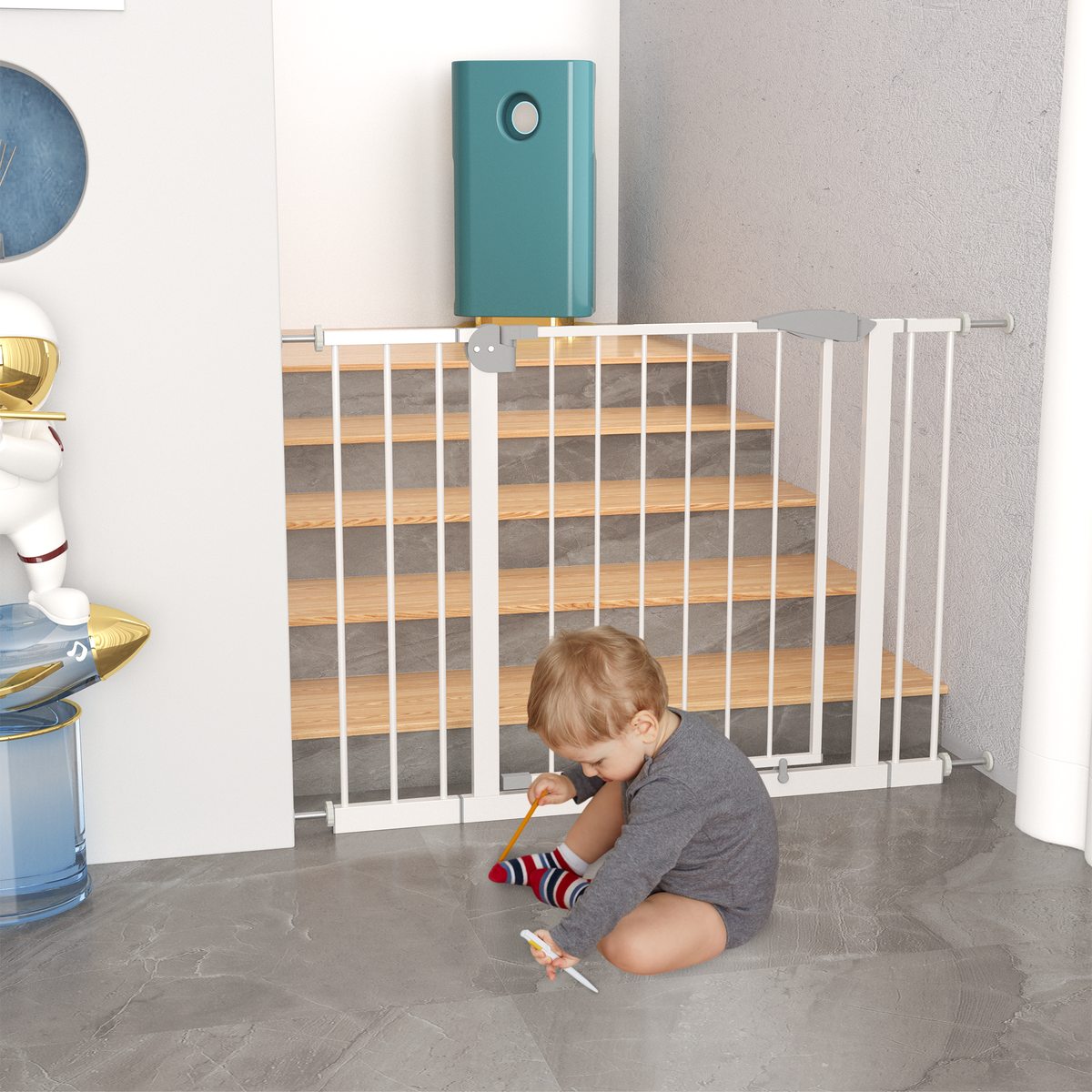Pressure-mounted walk-through baby gate, white — detail close-up