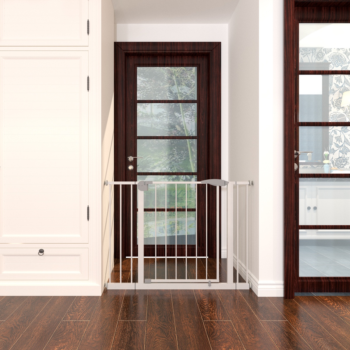 Pressure-mounted walk-through baby gate, white — side view