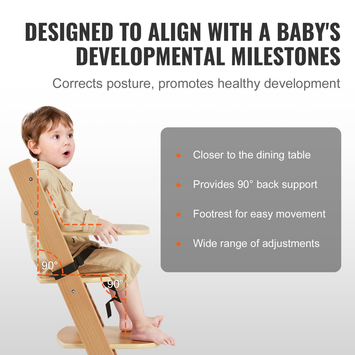 Wooden convertible high chair for babies and toddlers — alternate angle view