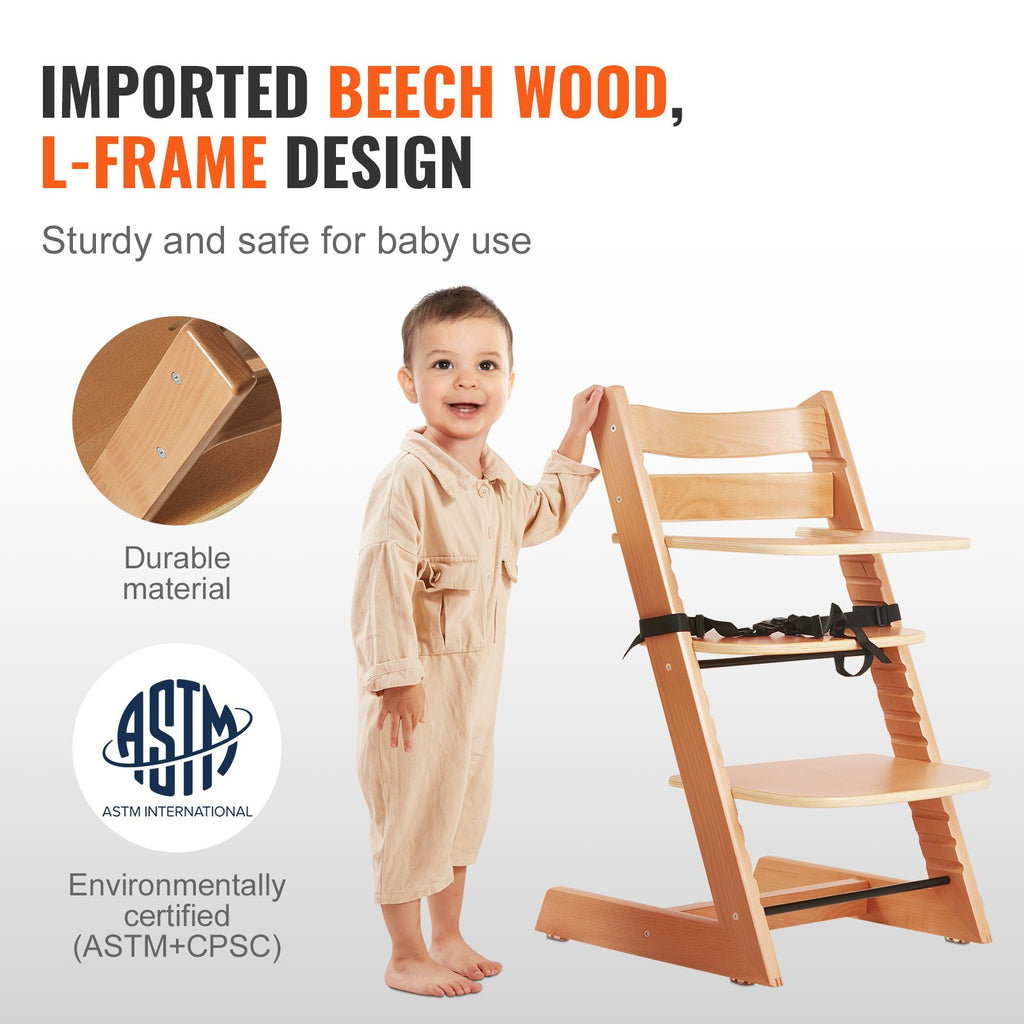 Wooden convertible high chair for babies and toddlers — detail close-up